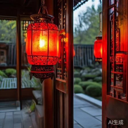 防盗门旁灯笼添温馨