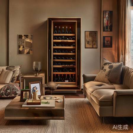 萤石智能酒柜人工客服24小时解说<茶桌配背景：实木红酒柜打造温馨家居氛围>