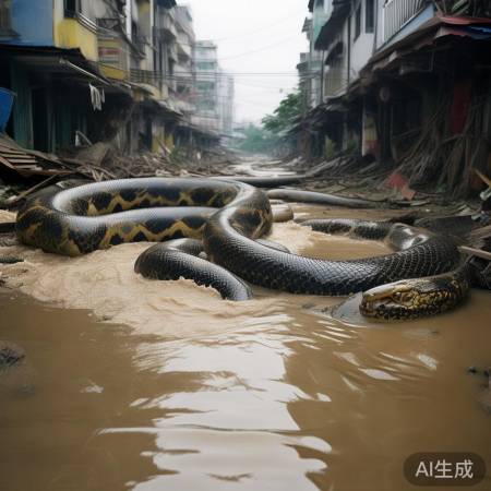 巨蟒闯洪水串门